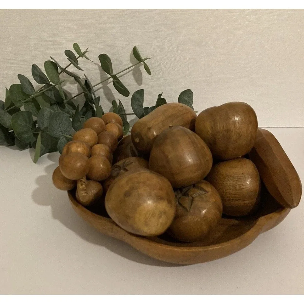 Vintage Hand Carved Wood Fruit and Bowl (14 Pieces) Tiki Party Decor Boho